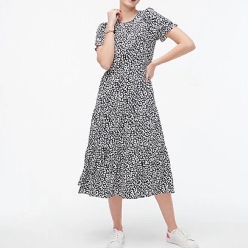 J. Crew Factory Tiered Puff Sleeve Midi Dress Women’s Size XS Navy White Cheetah